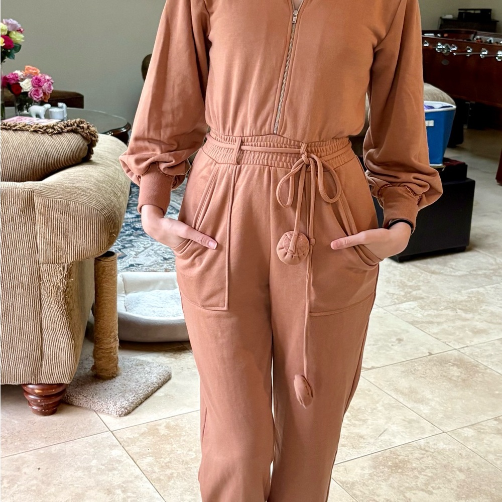 NET For Love And Lemons Tan YUNA Jumpsuit with Drawstring Waist